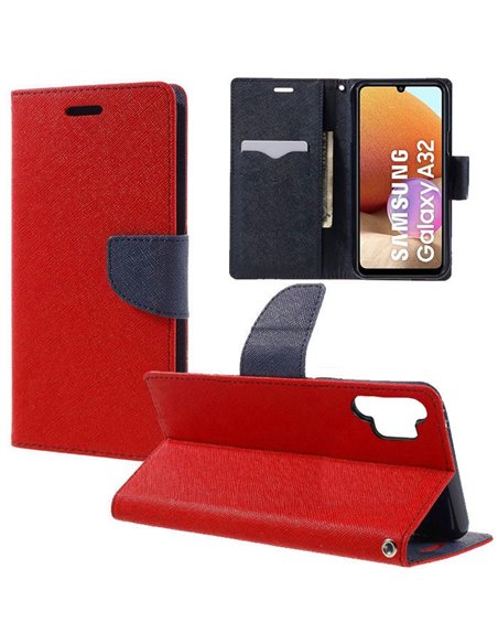 CUSTODIA per SAMSUNG GALAXY A32 4G (A325F) - FLIP ORIZZONTALE CON STAND, INTERNO IN TPU SILICONE E PORTA CARTE COLORE ROSSO