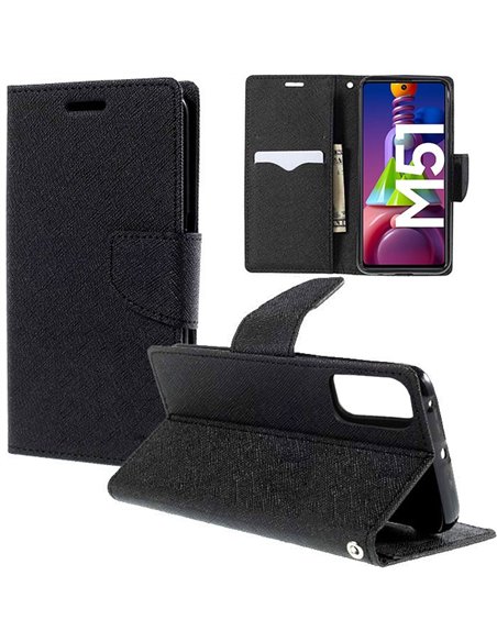 CUSTODIA per SAMSUNG GALAXY M51 (SM-M515F) - FLIP ORIZZONTALE CON STAND, INTERNO IN TPU SILICONE E PORTA CARTE COLORE NERO