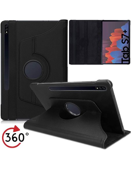 CUSTODIA per SAMSUNG GALAXY TAB S7 PLUS (2020, 12.4') SM-T970, SM-T975, SM-T976 - BOOK SIMILPELLE GIREVOLE CON STAND COLORE NERO