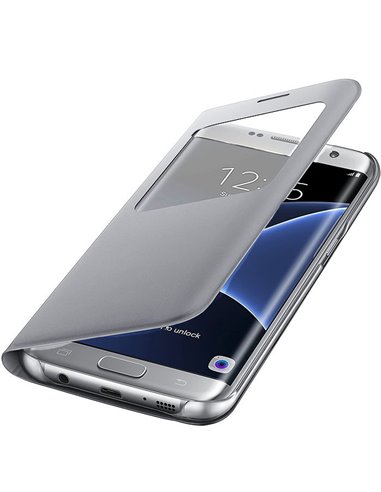 CUSTODIA S VIEW COVER PELLE ORIGINALE SAMSUNG COLORE SILVER per SM-G935 GALAXY S7 EDGE CON FINESTRA ID BULK (NO BLISTER)