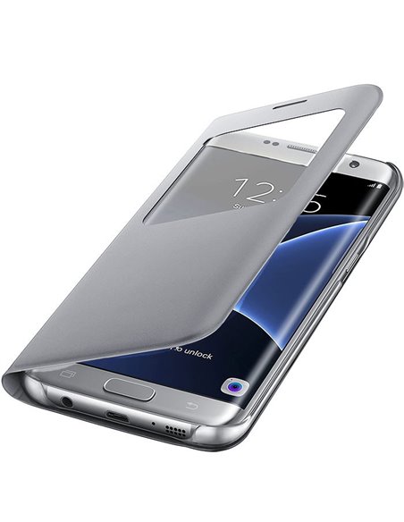 CUSTODIA S VIEW COVER PELLE ORIGINALE SAMSUNG COLORE SILVER per SM-G935 GALAXY S7 EDGE CON FINESTRA ID BULK (NO BLISTER)