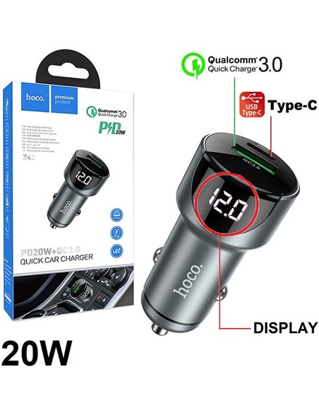 CARICATORE AUTO 20W CON 1 PORTA TYPE-C (PD20W) + 1 PORTA USB (QUICK CHARGE 3.0) IN METALLO CON DISPLAY COLORE GRIGIO Z42 HOCO