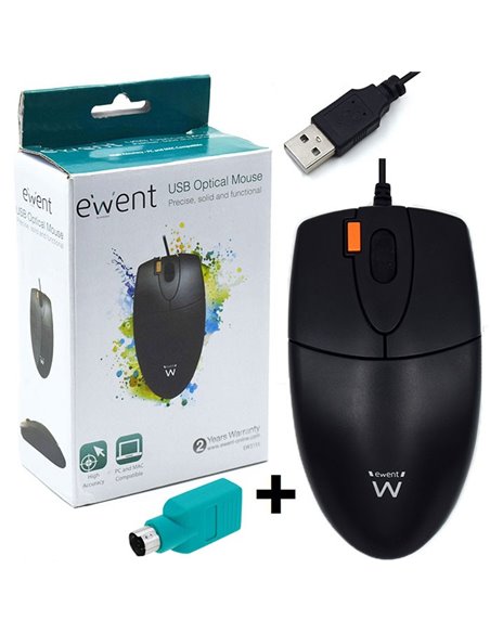 MOUSE OTTICO USB 2.0 + PS2 CON FILO, SENSORE OTTICO A 1000 DPI, 4 TASTI E ROTELLINA PER LO SCROLL COLORE NERO EW3155 EWENT BLIST