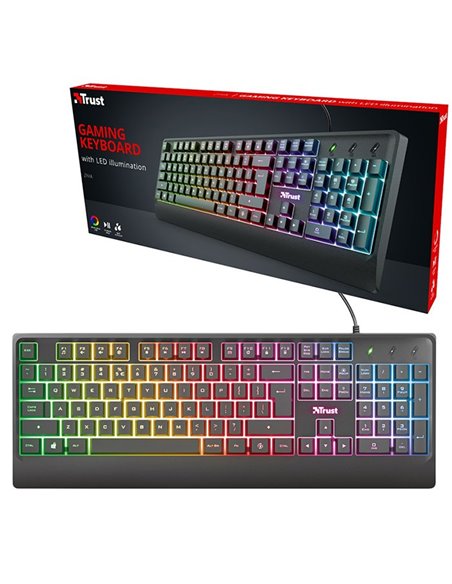 TASTIERA MULTIMEDIALE CON FILO USB GAMING CON ILLUMINAZIONE LED MULTICOLORE E RESISTENZA LIQUIDI - NERO TRUST 24100