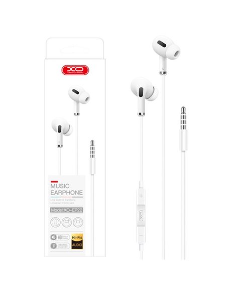AURICOLARE STEREO con CONNETTORE JACK 3,5mm - GOMMINI, TASTO DI RISPOSTA E MICROFONO COLORE BIANCO XO EP22 BLISTER