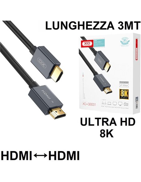 CAVO HDMI MASCHIO / HDMI MASCHIO 19 PIN VERSIONE 2.1 3D 8K ULTRA HD 60HZ CONNETTORI PLACCATI ORO - LUNGHEZZA 3MT NERO XO