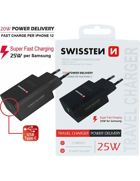 CARICATORE DA RETE 25W CON 1 PORTA TYPE-C (SUPER FAST CHARGING - RICARICA VELOCE) COLORE NERO 22060400 SWISSTEN BLISTER