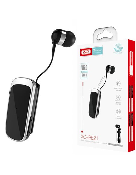 AURICOLARE BLUETOOTH 5.0 MONO CON CAVO RETRATTILE E CLIP PER FISSAGGIO AGLI ABITI COLORE NERO XO BE21 BLISTER