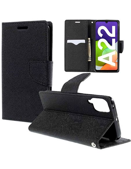 CUSTODIA per SAMSUNG GALAXY A22 (SM-A225F) - FLIP ORIZZONTALE CON INTERNO IN TPU, STAND E PORTA CARTE COLORE NERO - ATTENZIONE..