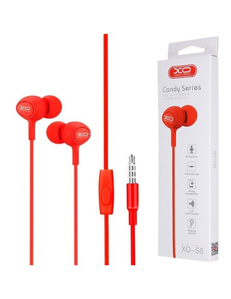 AURICOLARE STEREO con CONNETTORE JACK 3,5mm - GOMMINI, TASTO DI RISPOSTA E MICROFONO COLORE ROSSO XO S6 BLISTER