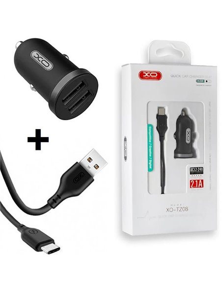 CARICATORE AUTO MINI 2100mAh CON 2 PORTE USB + CAVO TYPE-C LUNGHEZZA 1 MT COLORE NERO XO TZ08 BLISTER