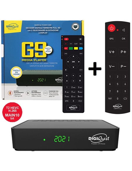 RICEVITORE DIGITALE TERRESTRE T2 MAIN10 FULL HD 1080p RICD1217 G9 CON DOPPIO TELECOMANDO E PORTA USB COLORE NERO DIGIQUEST