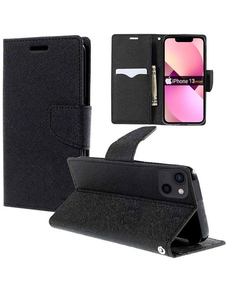 CUSTODIA per APPLE IPHONE 13 MINI (5.4') - FLIP ORIZZONTALE CON INTERNO IN TPU SILICONE, STAND E TASCHE PORTA CARTE COLORE NERO