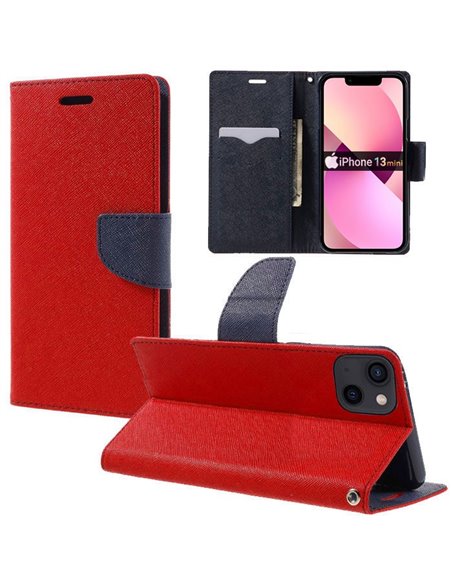 CUSTODIA per APPLE IPHONE 13 MINI (5.4') - FLIP ORIZZONTALE CON INTERNO IN TPU SILICONE, STAND E TASCHE PORTA CARTE COLORE ROSSO