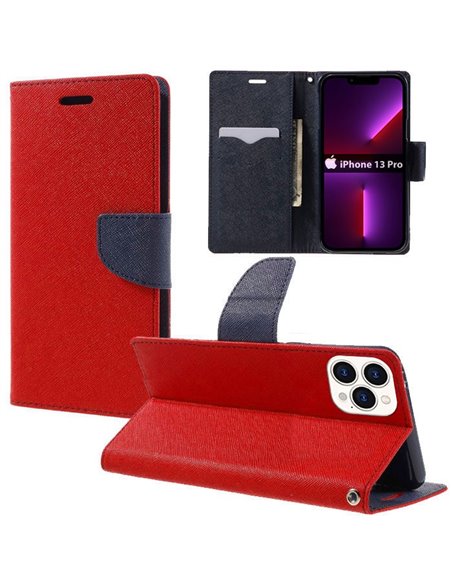 CUSTODIA per APPLE IPHONE 13 PRO (6.1') - FLIP ORIZZONTALE CON INTERNO IN TPU SILICONE, STAND E TASCHE PORTA CARTE COLORE ROSSO