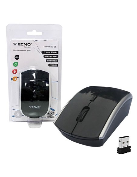 MOUSE OTTICO WIRELESS 2.4GHz TC-35 TECNO CON RISOLUZIONE 1600DPI E RAGGIO DI AZIONE 10 METRI COLORE NERO BLISTER