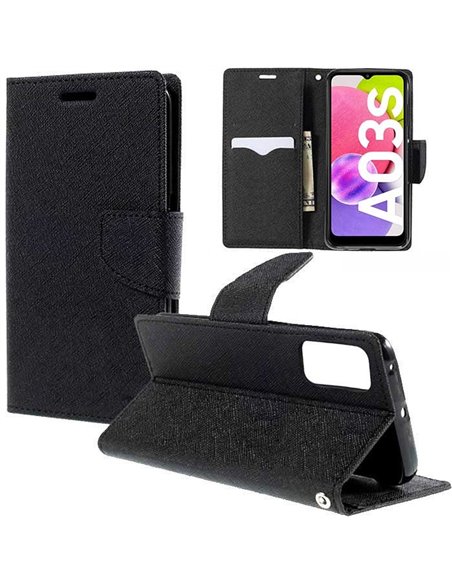 CUSTODIA per SAMSUNG GALAXY A03s (SM-A037F) - FLIP ORIZZONTALE CON STAND, INTERNO IN TPU E PORTA CARTE COLORE NERO