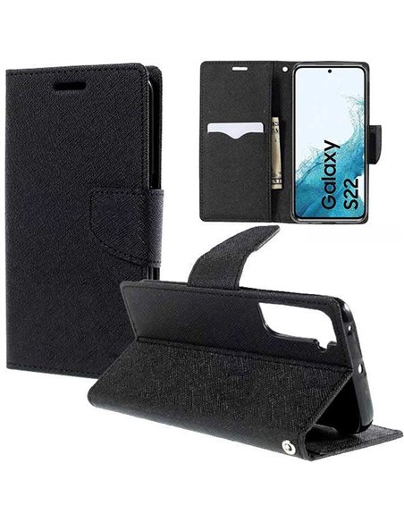 CUSTODIA per SAMSUNG GALAXY S22 5G (SM-S901B) - FLIP ORIZZONTALE CON STAND, INTERNO IN TPU SILICONE E PORTA CARTE COLORE NERO