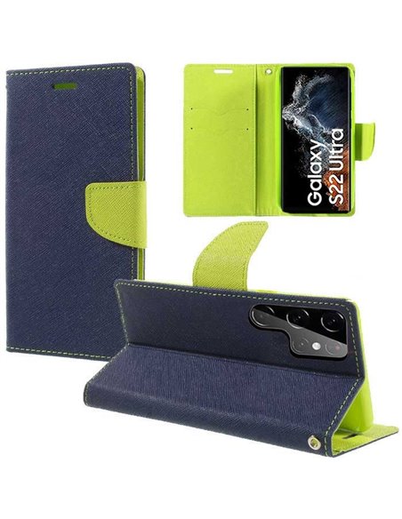 CUSTODIA per SAMSUNG GALAXY S22 ULTRA 5G (S908B) - FLIP ORIZZONTALE CON STAND, INTERNO IN TPU SILICONE E PORTA CARTE COLORE BLU