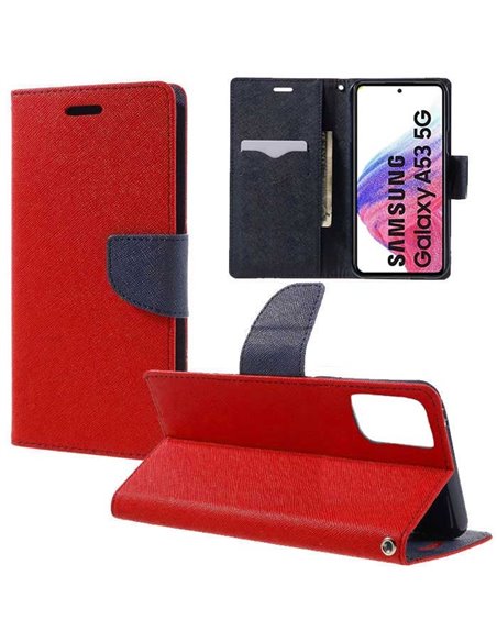 CUSTODIA per SAMSUNG GALAXY A53 5G (SM-A536) - FLIP ORIZZONTALE CON STAND, INTERNO IN TPU SILICONE E PORTA CARTE COLORE ROSSO