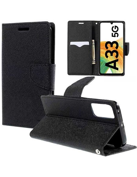 CUSTODIA per SAMSUNG GALAXY A33 5G (SM-A336) - FLIP ORIZZONTALE CON STAND, INTERNO IN TPU SILICONE E PORTA CARTE COLORE NERO