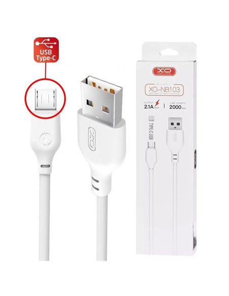 CAVO USB TYPE-C CON SUPPORTO DI RICARICA QUICK CHARGER (MAX 2.1A) - LUNGHEZZA 2 MT COLORE BIANCO XO NB103 BLISTER