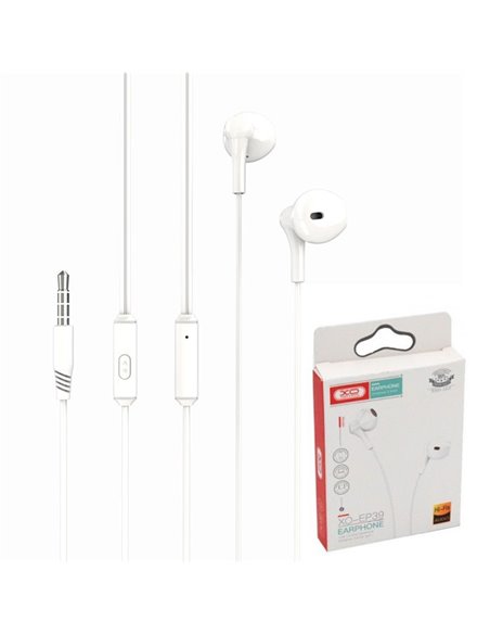 AURICOLARE STEREO con CONNETTORE JACK 3,5mm - TASTO DI RISPOSTA E MICROFONO (SENZA GOMMINI) COLORE BIANCO XO EP39 BLISTER