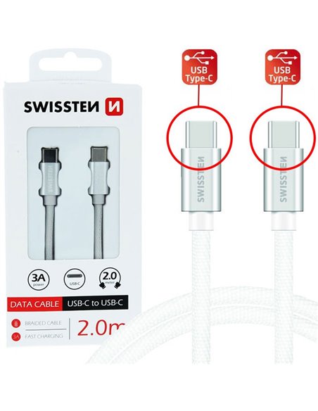 CAVO TYPE-C / TYPE-C IN TESSUTO CON TRASFERIMENTO DATI FINO A 480Mb/s - LUNGHEZZA 2 MT SILVER 71528202 SWISSTEN