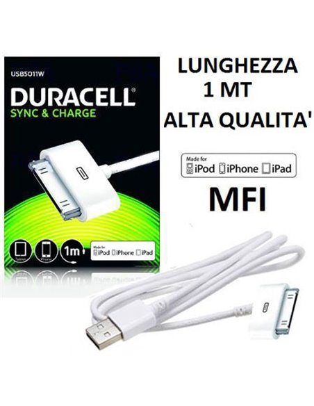 CAVO USB 30 PIN PER DISPOSITIVI APPLE con CERTIFICATO MFI - LUNGHEZZA 1 MT COLORE BIANCO DURACELL USB5011W BLISTER