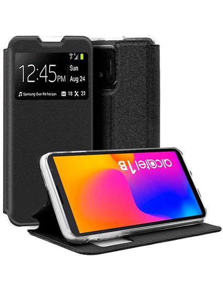 CUSTODIA per ALCATEL 1B 2022 - FLIP ORIZZONTALE con FINESTRA ID, INTERNO IN TPU E CHIUSURA MAGNETICA INVISIBILE COLORE NERO