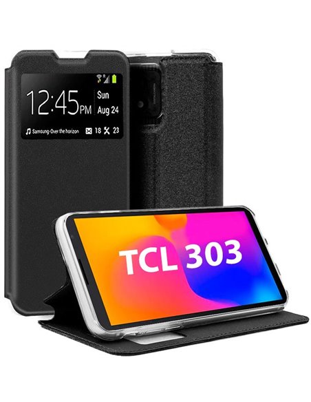 CUSTODIA per TCL 303 - FLIP ORIZZONTALE con FINESTRA ID, INTERNO IN TPU E CHIUSURA MAGNETICA INVISIBILE COLORE NERO