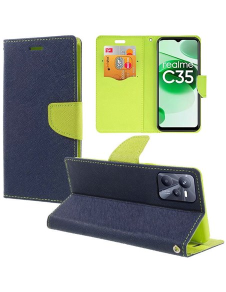 CUSTODIA per REALME C35, NARZO 50A PRIME - FLIP ORIZZONTALE CON STAND, INTERNO IN TPU SILICONE E PORTA CARTE COLORE BLU