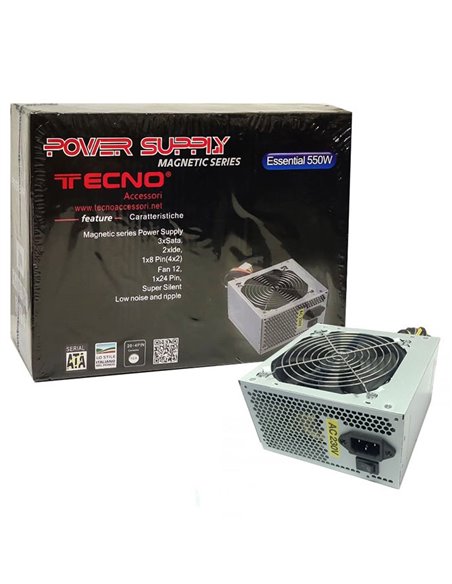 ALIMENTATORE PER PC ATX 550W CON VENTOLA DA 12 CM SILENZIOSA CON CONNETTORE 12V MB 20/24 (20+4 pin) SILVER 53.69 TECNO BLISTER