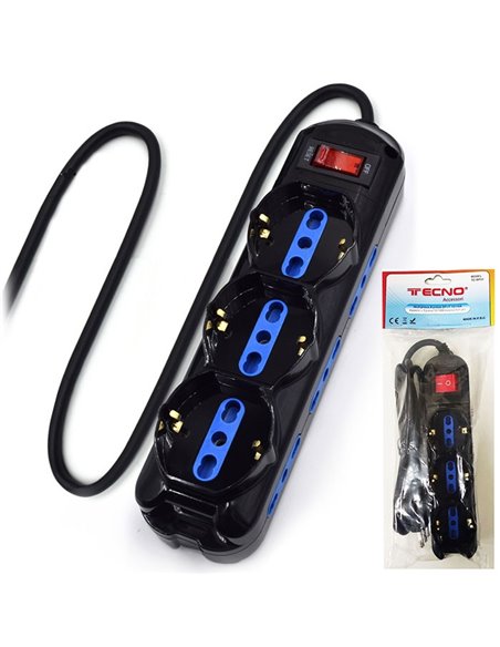 CIABATTA MULTIPRESA 9 POSIZIONI CON 6 PRESE BIPASSO 10/16A E 3 PRESE SCHUKO 16A + TASTO ON/OFF TC-MP01 COLORE NERO TECNO