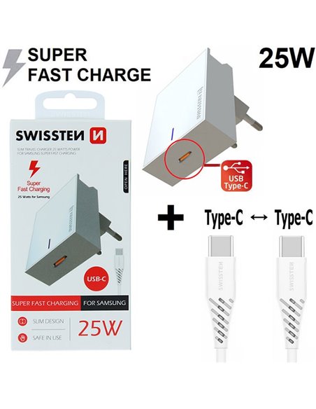 CARICATORE DA RETE 25W CON 1 PORTA TYPE-C (SUPER FAST CHARGING) + CAVO TYPE-C/TYPE-C - LUNGHEZZA 1,2 MT BIANCO 22050200 SWISSTEN