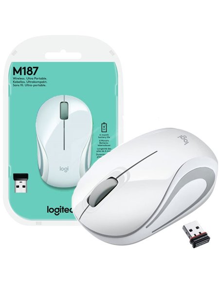 MINI MOUSE OTTICO WIRELESS 2.4GHz USB 2.0 M187 LOGITECH RISOLUZIONE 1000DPI E RAGGIO DI AZIONE 10 METRI BIANCO E GRIGIO BLISTER