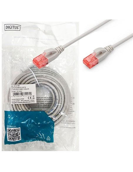 CAVO DI RETE PATCH CAT6 - LUNGHEZZA 10 MT - U/UTP IN RAME CONNETTORI RJ-45 COLORE GRIGIO DK-1612-100 DIGITUS