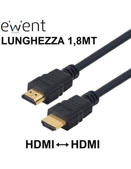 CAVO HDMI MASCHIO/HDMI MASCHIO 19 PIN 2.0 CON ETHERNET 3D 4K/2K 60HZ CONNETTORI PLACCATI ORO - LUNGHEZZA 1,8MT NERO EWENT