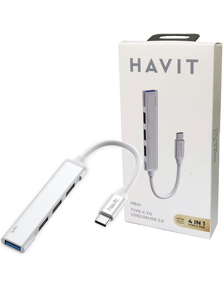 HUB 4 PORTE USB (1 USB 3.0 + 3 USB 2.0) CON CONNETTORE TYPE-C - CORPO IN ALLUMINIO LUNGHEZZA CAVO 11CM SILVER HB41 HAVIT