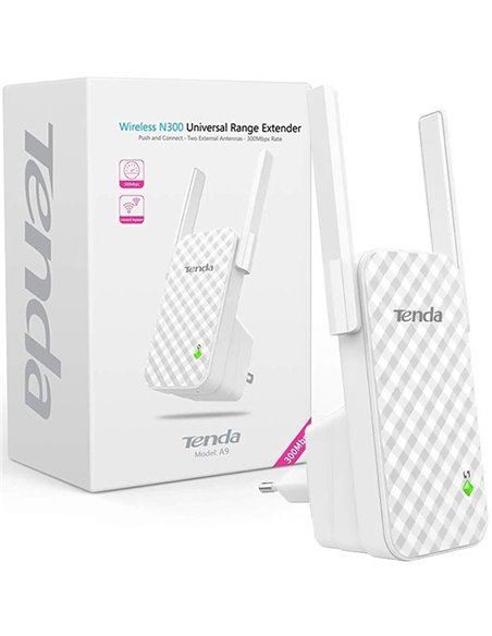RANGE EXTENDER 300Mbps CON 2 ANTENNE ESTERNE DA 3dBi, PULSANTE WPS E LED POTENZA SEGNALE COLORE BIANCO A9 TENDA