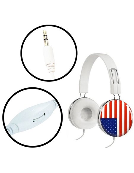 CUFFIA DJ A FASCIA CON JACK 3,5 mm E ROTELLA CONTROLLO VOLUME SUL CAVO - LUNGHEZZA FILO 1.8 MT COLORE BIANCO CON BANDIERA USA BU