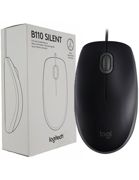 MOUSE USB (CON CAVO) LOGITECH B110 SILENT SENSORE OTTICO 1000 DPI, 3 TASTI E ROTELLINA SCROLL LUNGHEZZA FILO 1.8 MT COLORE NERO