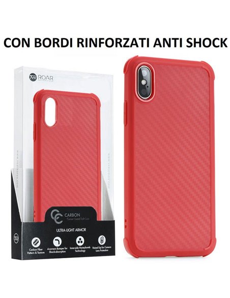 CUSTODIA per APPLE IPHONE X, XS (5.8') IN GEL TPU SILICONE ROSSO EFFETTO CARBONIO CON BORDI RINFORZATI ANTI SHOCK ROAR BLISTER