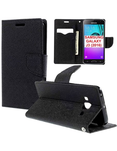 CUSTODIA FLIP ORIZZONTALE per SAMSUNG SM-J320 GALAXY J3 2016 CON INTERNO IN TPU SILICONE, STAND E PORTA CARTE COLORE NERO