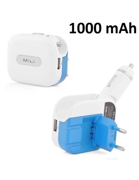 CARICATORE RETE + AUTO 1000mAh CON 2 PORTE USB COLORE BIANCO E AZZURRO MILI (TCCA.MILI.BI)