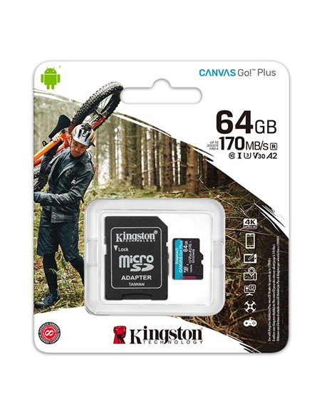 MEMORY CARD MICRO SD 64GB + ADATTATORE SD PER PRODUZIONE VIDEO IN 4K (Classe 10, UHS-I, U3, V30, A2) SDCG3/64GB Canvas Go! Plus 