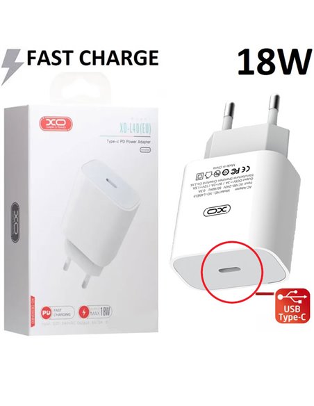 CARICATORE DA RETE 18W CON 1 PORTA TYPE-C (FAST CHARGING - RICARICA VELOCE) COLORE BIANCO L40 XO BLISTER