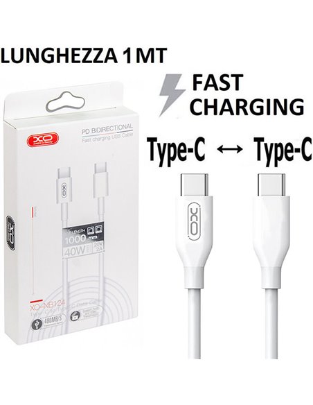 CAVO TYPE-C / TYPE-C CON SUPPORTO FAST CHARGING 2A E TRASFERIMENTO DATI FINO A 480Mb/s - LUNGHEZZA 1 MT BIANCO XO NB124