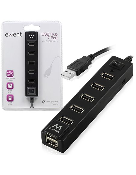 HUB 7 PORTE USB 2.0 EW1130 EWENT CON TASTO ON/OFF, CAVO E VELOCITA' DI TRASFERIMENTO FINO A 480Mbps COLORE NERO