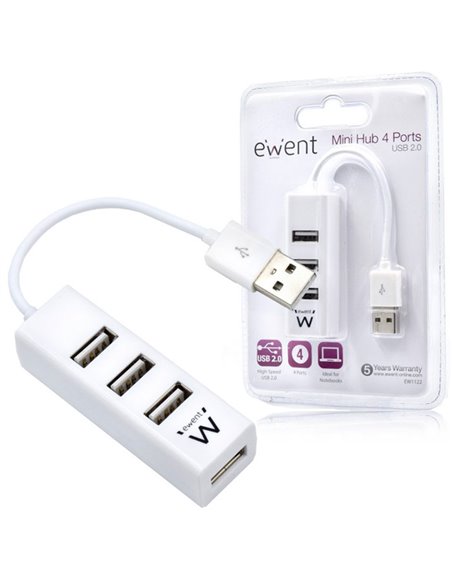 MINI HUB 4 PORTE USB 2.0 EW1122 EWENT CON VELOCITA' DI TRASFERIMENTO FINO A 480Mbps COLORE BIANCO BLISTER